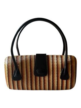 THE SAK Woven Straw Stripe Hardshell Handbag with Dark Brown Trim